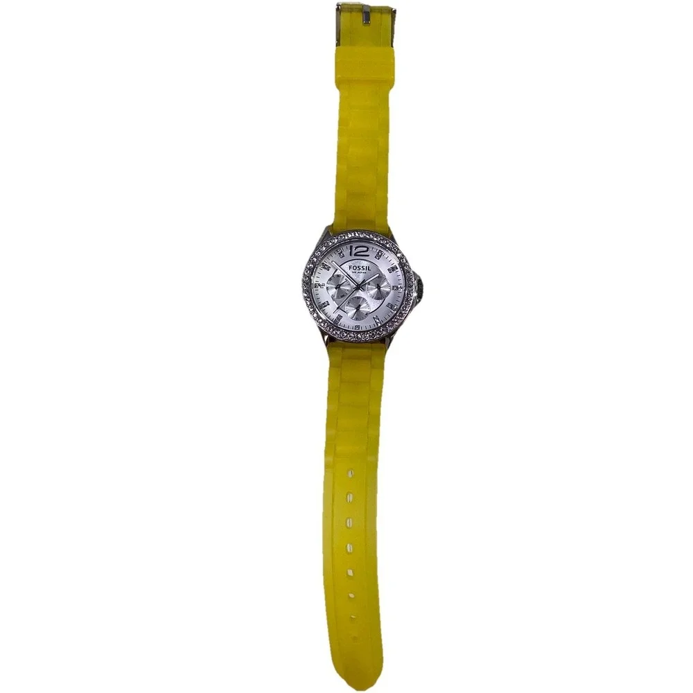 Fossil Womens ES2525 Watch Yellow Silicone Strap Glitz Bezel Face Dazzle EUC